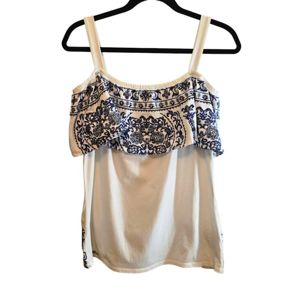 INC COTTON BLEND OFF SHOULDER CAMISOLE WHITE TOP BLUE EMBROIDERY SIZE MEDIUM - Picture 7 of 9
